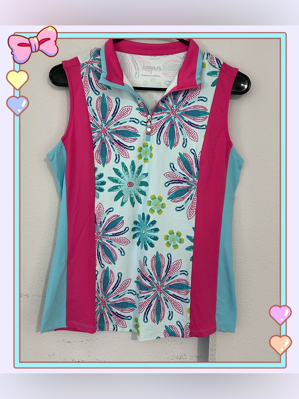 Acegolfs Botanical Energy 1/4 Zip Sleeveless Floral Tank UPF50+ Mint Sz S Golf